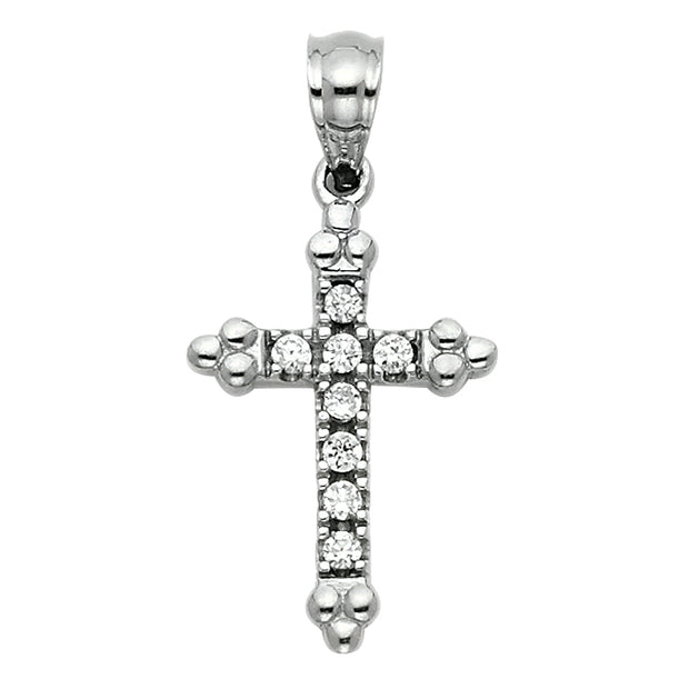14K White Gold CZ  Cross Charm Pendant with 1.3mm Flat Open Wheat Chain Necklace