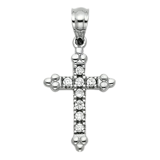 14K White Gold CZ  Cross Charm Pendant with 1.5mm Rope Chain Necklace