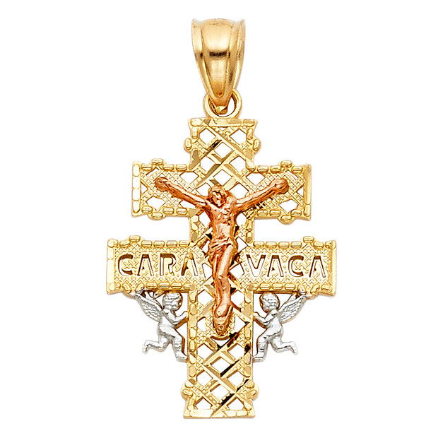 14K Gold Jesus Crucifix Cross of Caravaca Religious Charm Pendant with 1.2mm Box Chain Necklace