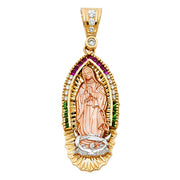 14K Gold CZ Guadalupe Charm Pendant with 4.2mm Hollow Cuban Chain Necklace