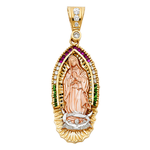 14K Gold CZ Religious Guadalupe Charm Pendant with 1.2mm Box Chain Necklace