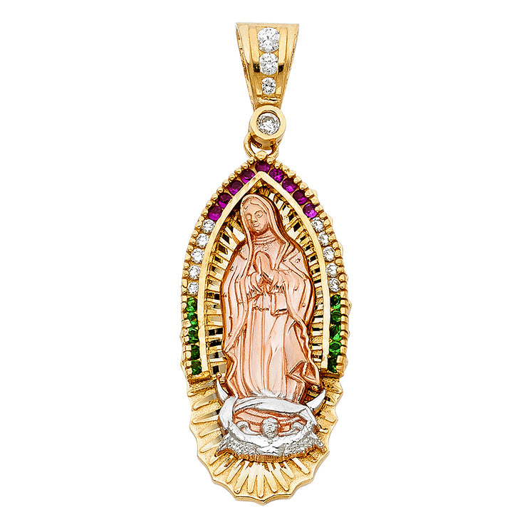 14K Gold CZ Religious Guadalupe Charm Pendant with 1.2mm Box Chain Necklace