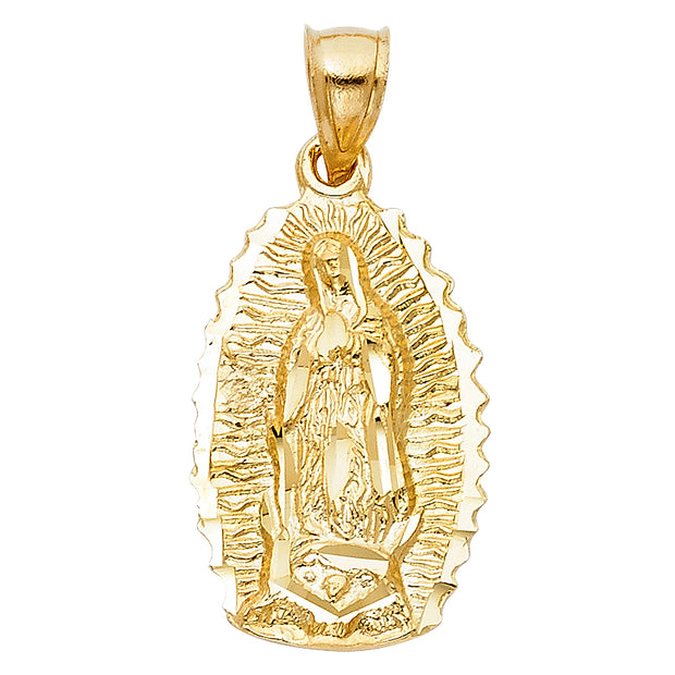 14K Gold Guadalupe Charm Pendant with 2mm Flat Open Wheat Chain Necklace