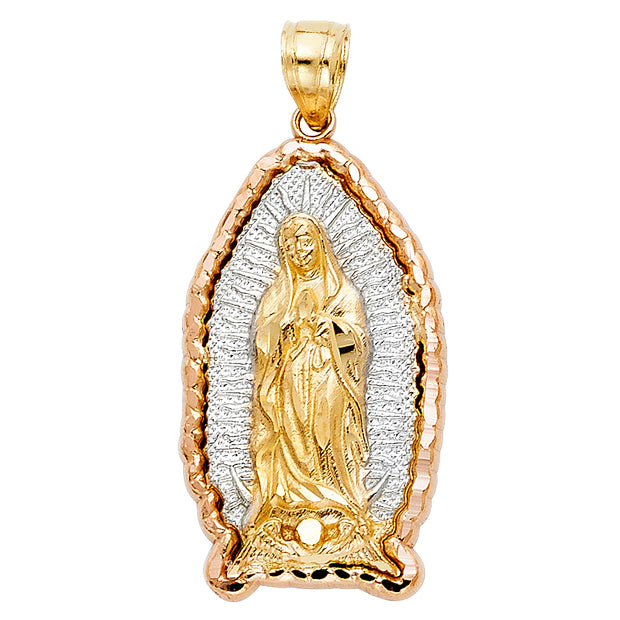 14K Gold Guadalupe Charm Pendant with 3.4mm Hollow Cuban Chain Necklace
