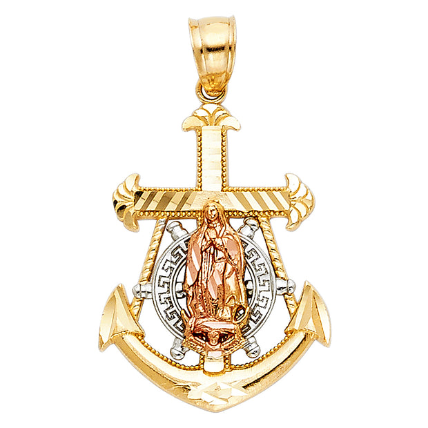 14K Gold Guadalupe Anchor Pendant with 3.4mm Hollow Cuban Chain