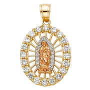 14K Gold CZ Religious Guadalupe Charm Pendant with 0.8mm Box Chain Necklace