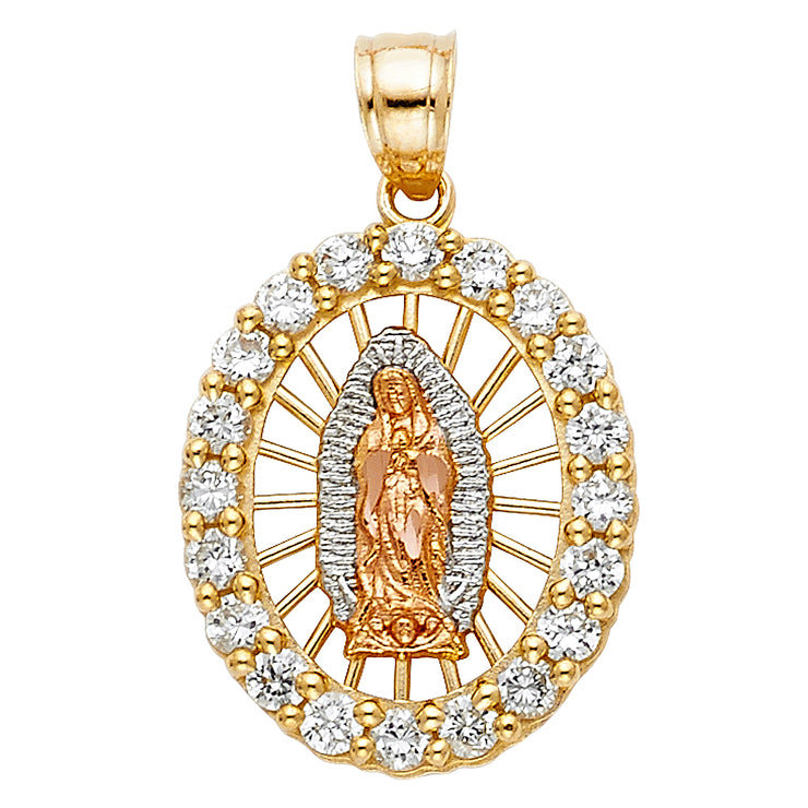 14K Gold CZ Religious Guadalupe Charm Pendant with 0.8mm Box Chain Necklace