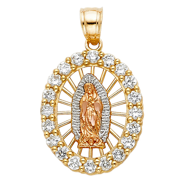 14K Gold CZ Guadalupe Charm Pendant with 0.9mm Wheat Chain Necklace
