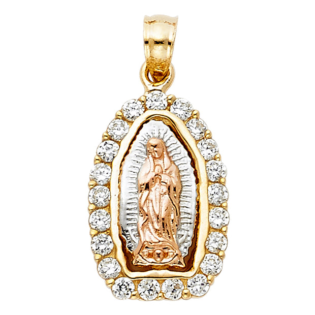 14K Gold CZ Religious Guadalupe Charm Pendant with 0.8mm Box Chain Necklace