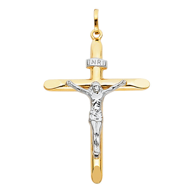 14K Gold Crucifix Cross Charm Pendant with 1.4mm Round Wheat Chain Necklace