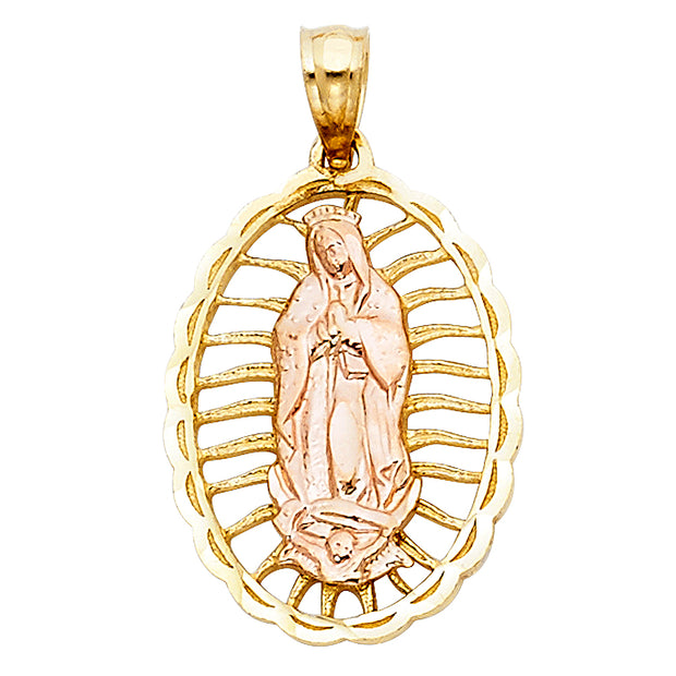 14K Gold Guadalupe Charm Pendant with 3.1mm Figaro 3+1 Chain Necklace