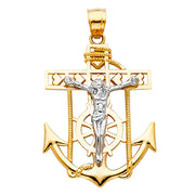 14K Gold Jesus Crucifix Anchor Religious Charm Pendant with 1.2mm Box Chain Necklace