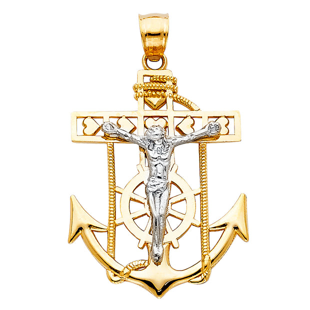 14K Gold Jesus Crucifix Anchor Charm Pendant with 1.4mm Round Wheat Chain Necklace