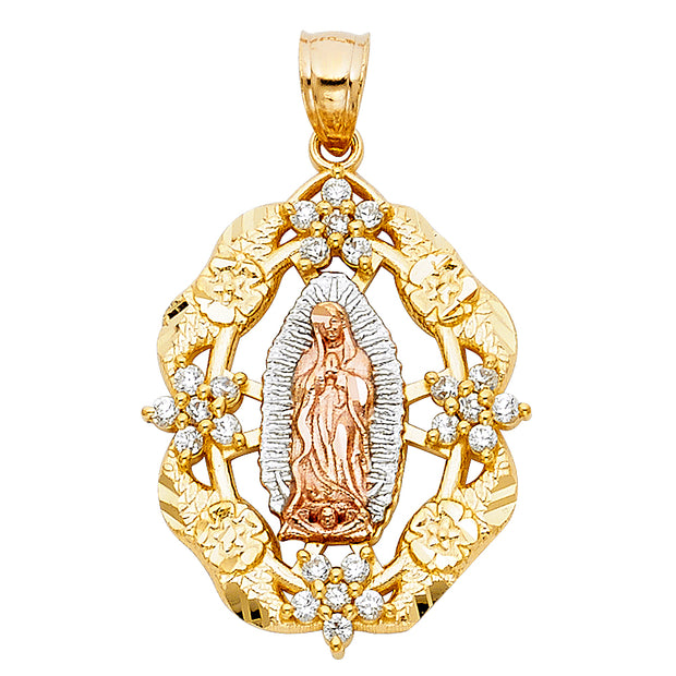 14K Gold CZ Guadalupe Charm Pendant with 1.1mm Wheat Chain Necklace