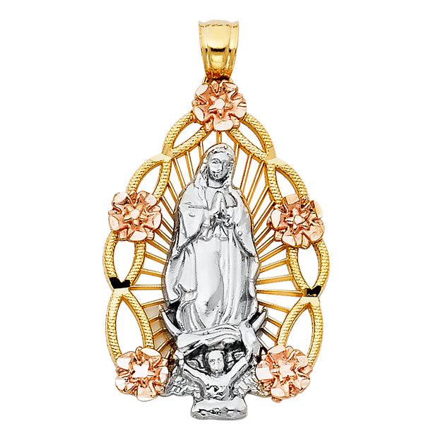 14K Gold Religious Guadalupe Charm Pendant with 1.2mm Box Chain Necklace