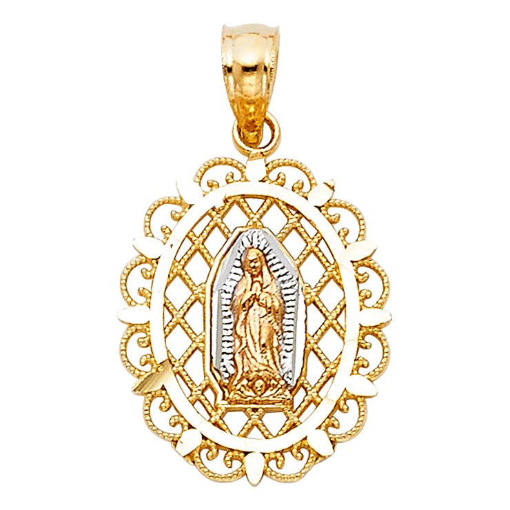 14K Gold Religious Guadalupe Charm Pendant with 0.8mm Box Chain Necklace