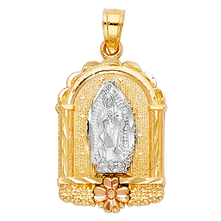 14K Gold Guadalupe Charm Pendant with 1.2mm Singapore Chain Necklace