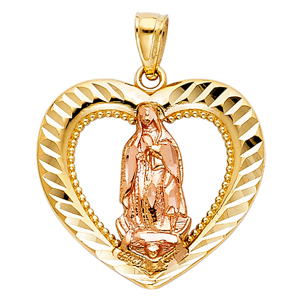 14K Gold Guadalupe Charm Pendant with 3.1mm Figaro 3+1 Chain Necklace