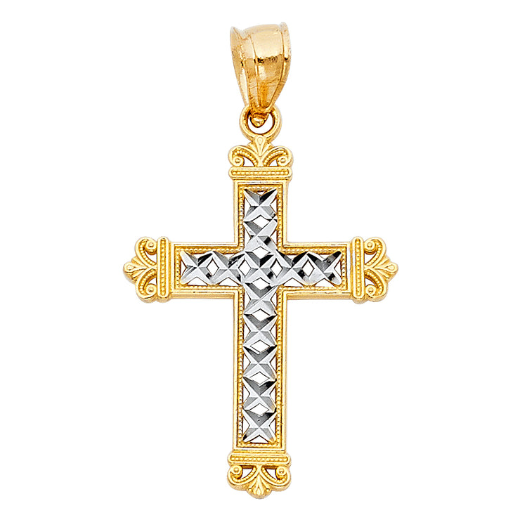 14K Gold Cross Charm Pendant with 1.1mm Wheat Chain Necklace