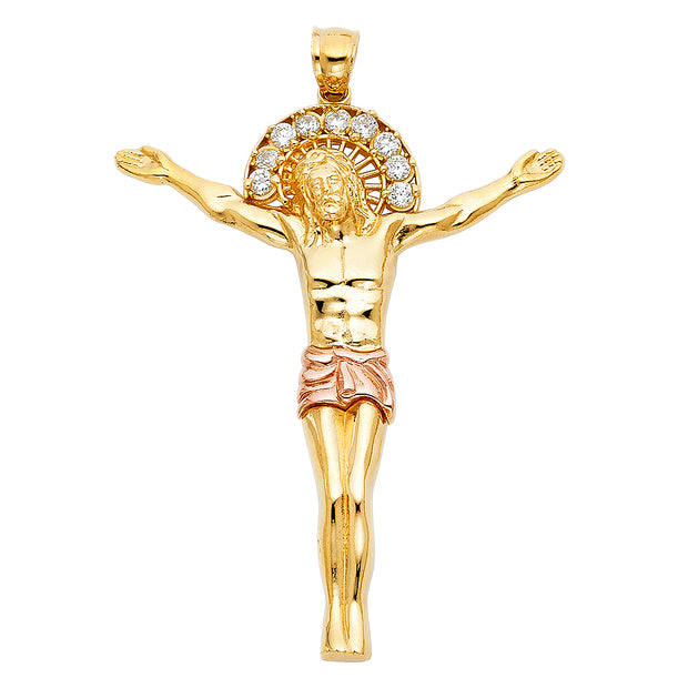 14K Gold CZ Jesus Christ Body Charm Pendant with 1.8mm Singapore Chain Necklace