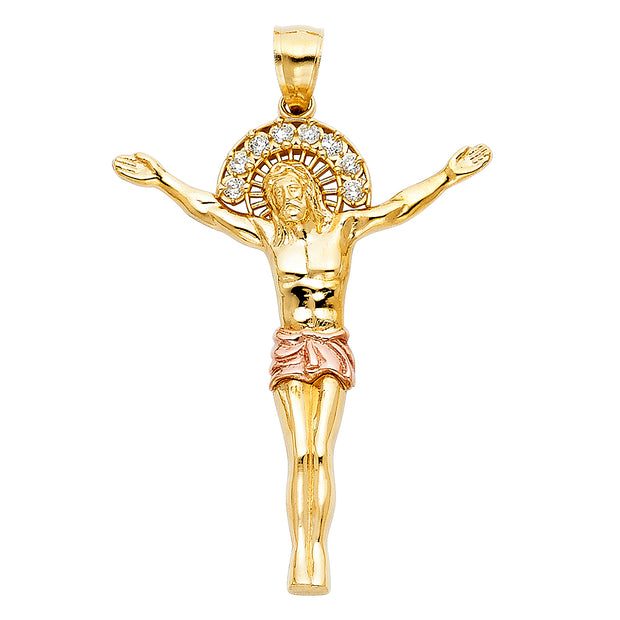 14K Gold CZ Jesus Christ Body Charm Pendant with 3.1mm Figaro 3+1 Chain Necklace