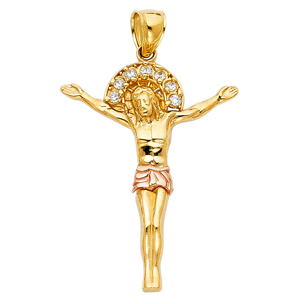 14K Gold CZ Jesus Christ Body Charm Pendant with 3.1mm Figaro 3+1 Chain Necklace