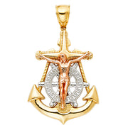 14K Gold Crucifix Anchor Charm Pendant with 3.8mm Figaro 3+1 Chain Necklace