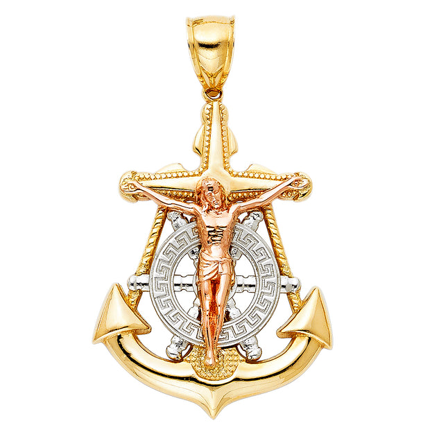 14K Gold Crucifix Anchor Charm Pendant with 3.8mm Figaro 3+1 Chain Necklace