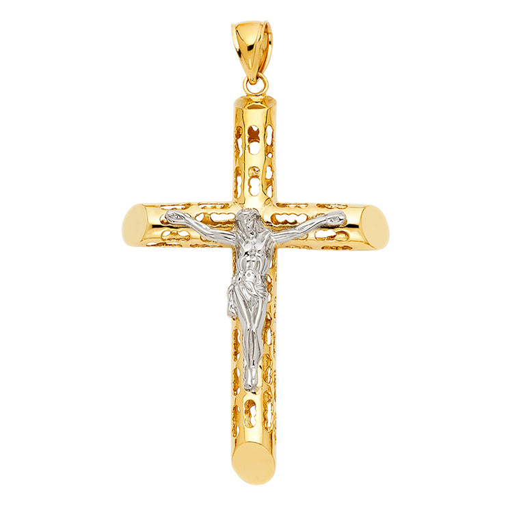 14K Gold Crucifix Charm Pendant with 4.5mm Figaro 3+1 Chain Necklace