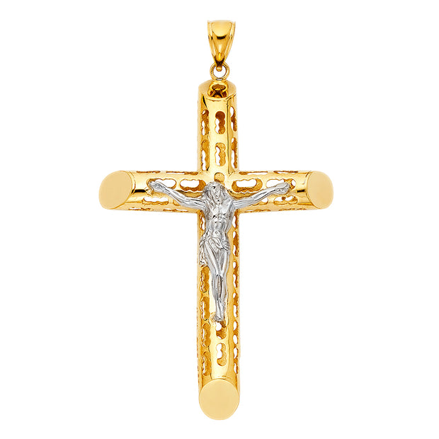 14K Gold Crucifix Charm Pendant with 3.8mm Figaro 3+1 Chain Necklace