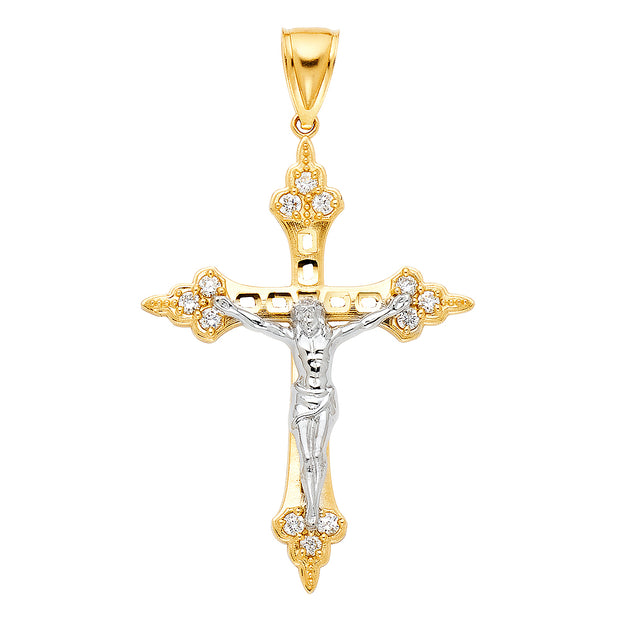 14K Gold CZ Crucifix Charm Pendant with 1.8mm Singapore Chain Necklace