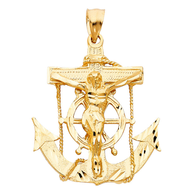 14K Gold Mariner Crucifix Charm Pendant with 1.8mm Singapore Chain Necklace
