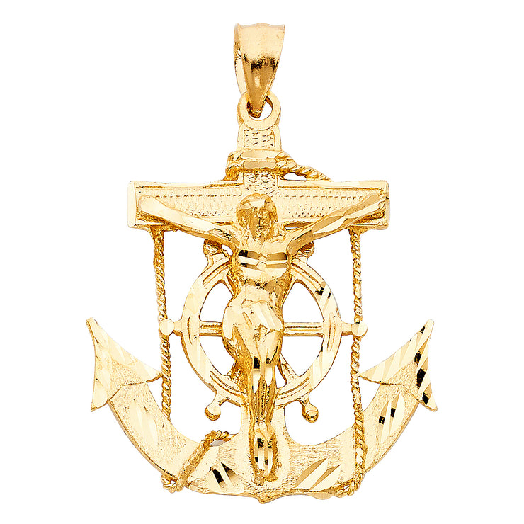 14K Gold Mariner Religious Crucifix Charm Pendant with 1.2mm Box Chain Necklace