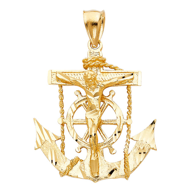 14K Gold Mariner Crucifix Charm Pendant with 3.8mm Figaro 3+1 Chain Necklace