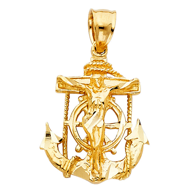 14K Gold Mariner Crucifix Charm Pendant with 3.1mm Figaro 3+1 Chain Necklace