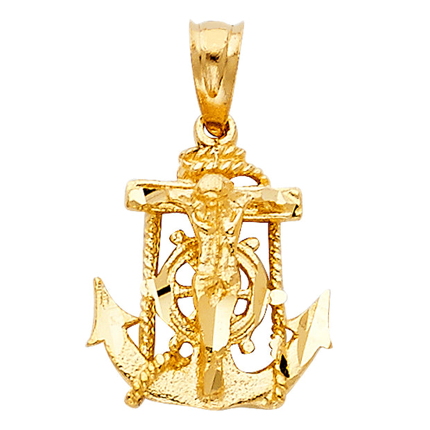 14K Gold Mariner Crucifix Charm Pendant with 2.3mm Figaro 3+1 Chain Necklace