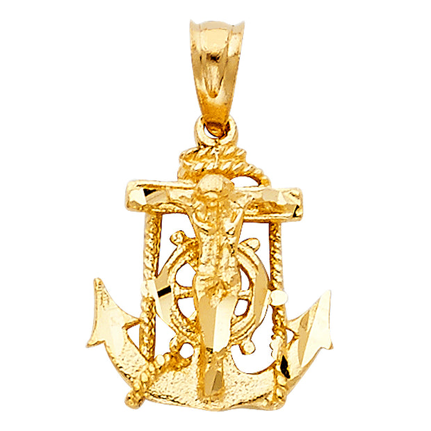 14K Gold Mariner Religious Crucifix Charm Pendant with 0.8mm Box Chain Necklace