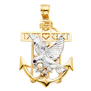 14K Gold Mariner Eagle Charm Pendant with 2mm Flat Open Wheat Chain Necklace