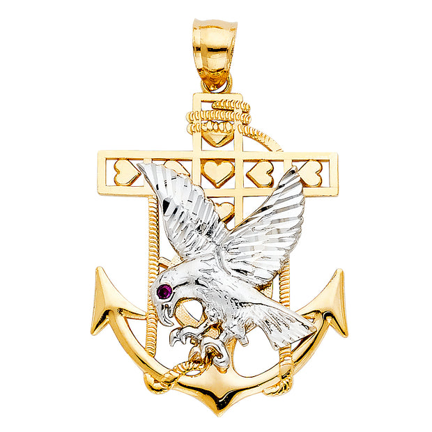 14K Gold Mariner Eagle Charm Pendant with 1.2mm Box Chain Necklace