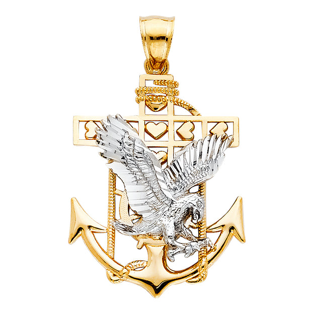 14K Gold Mariner Eagle Charm Pendant with 3.1mm Figaro 3+1 Chain Necklace