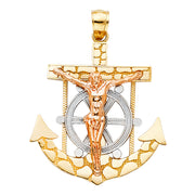 14K Gold Mariner Religious Crucifix Charm Pendant with 1.2mm Box Chain Necklace