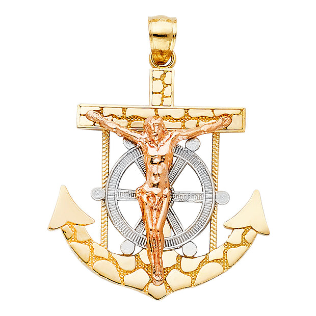 14K Gold Mariner Crucifix Charm Pendant with 3.1mm Figaro 3+1 Chain Necklace