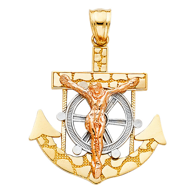 14K Gold Mariner Crucifix Charm Pendant with 4.2mm Valentino Star Diamond Cut Chain Necklace