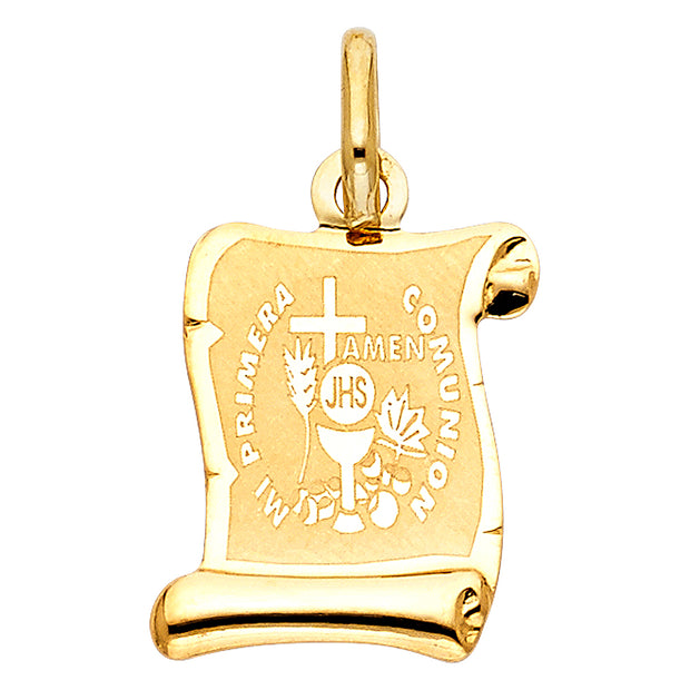 14K Gold Religious Communion Charm Pendant with 1.2mm Box Chain Necklace