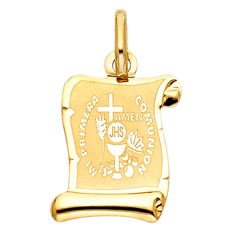 14K Gold Religious Communion Charm Pendant with 1.2mm Box Chain Necklace