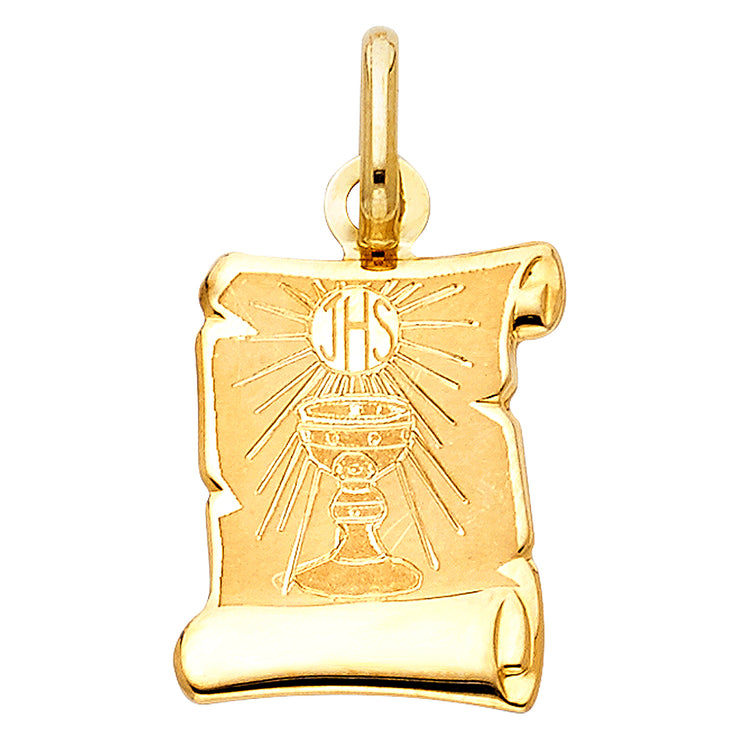 14K Gold Religious Communion Charm Pendant with 1.2mm Box Chain Necklace