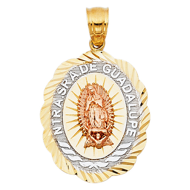 14K Gold Guadalupe Charm Pendant with 4.2mm Hollow Cuban Chain Necklace