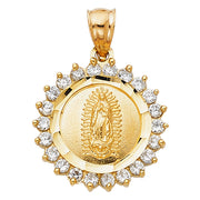 14K Gold CZ Guadalupe Charm Pendant with 1.7mm Flat Open Wheat Chain Necklace