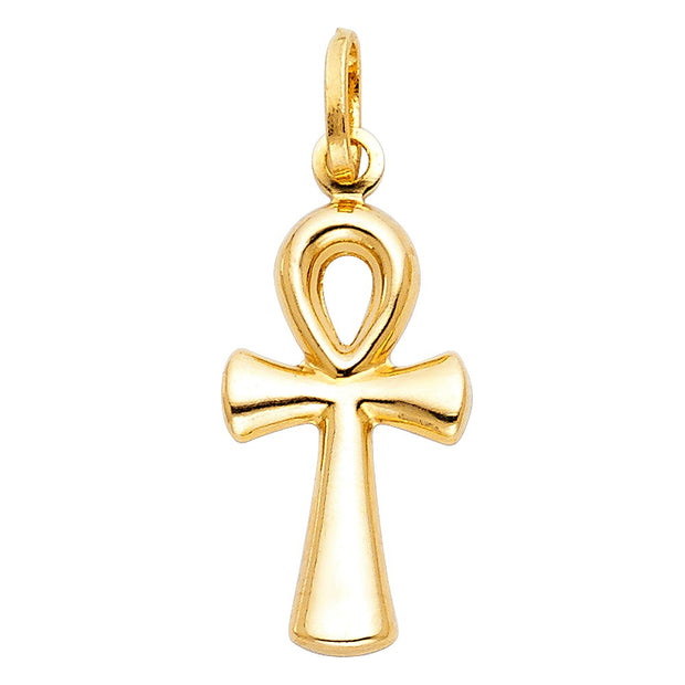 14K Gold Egyptian Ankh Cross Pendant with 1.5mm Flat Open Wheat Chain