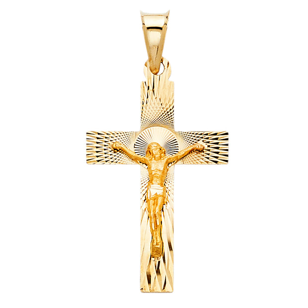 14K Gold Crucifix Stamp Charm Pendant with 1.7mm Flat Open Wheat Chain Necklace